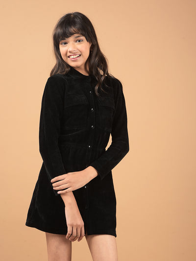 Black Spread Collar Corduroy Shirt Dress