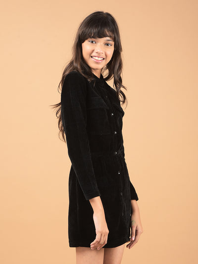 Black Spread Collar Corduroy Shirt Dress