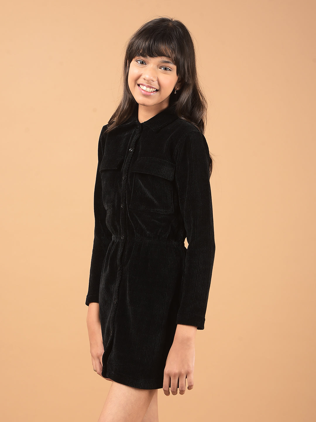 Black Spread Collar Corduroy Shirt Dress