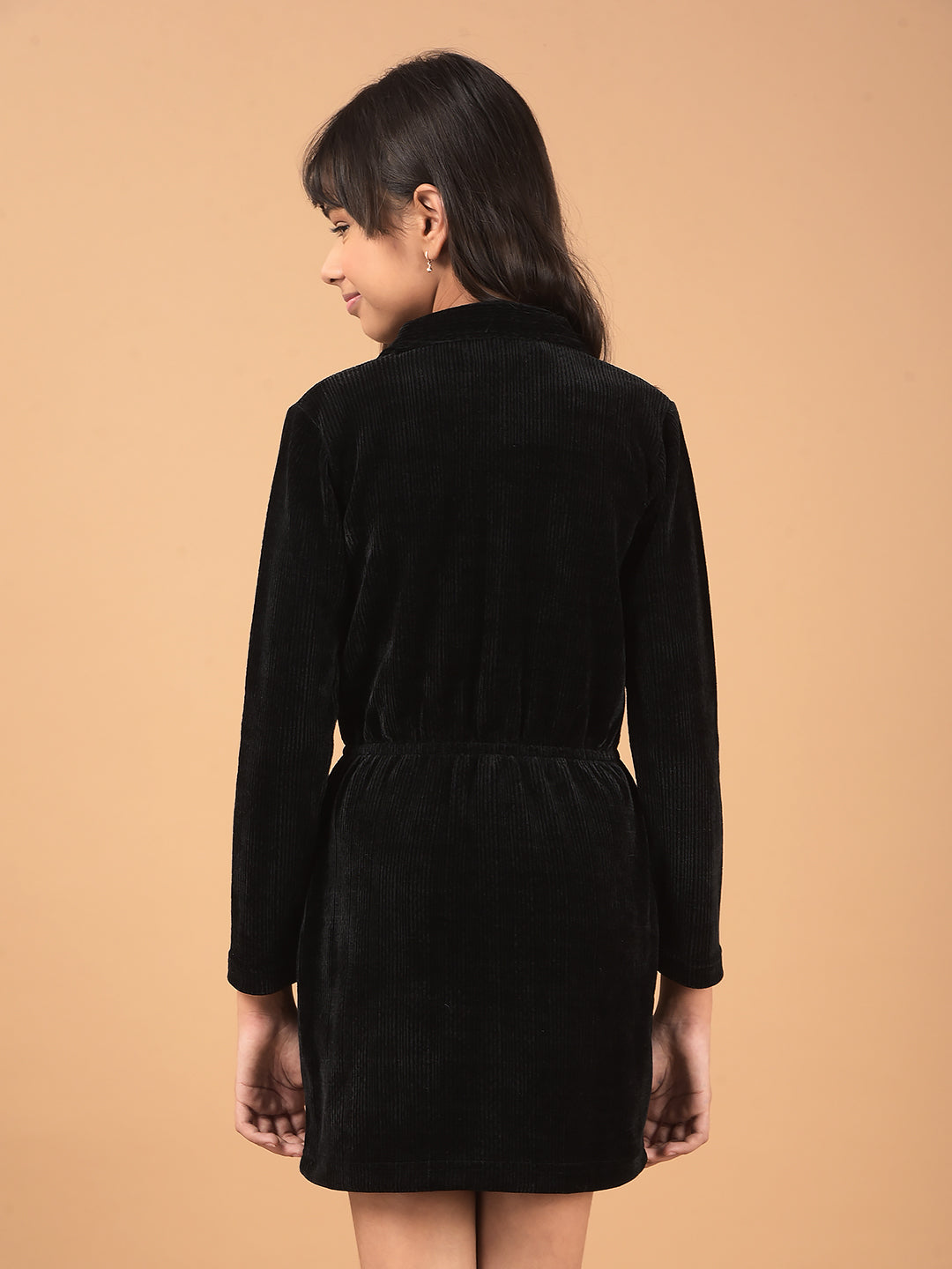 Black Spread Collar Corduroy Shirt Dress