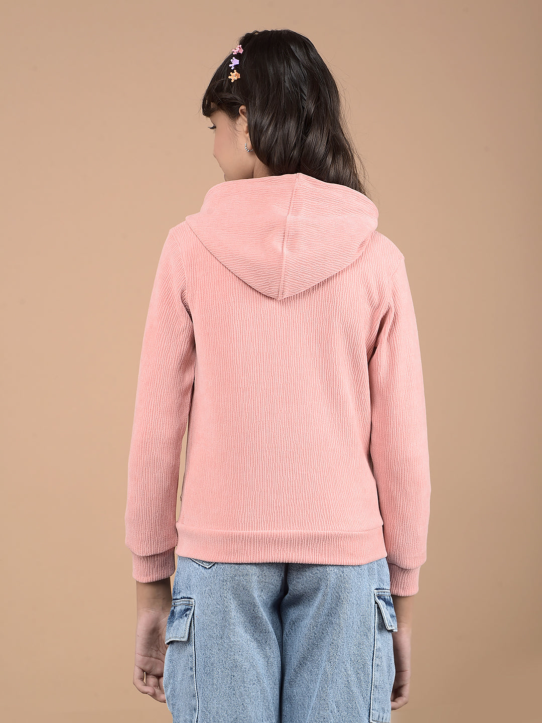 Peach Jacquard Hooded Neck Sweatshirt