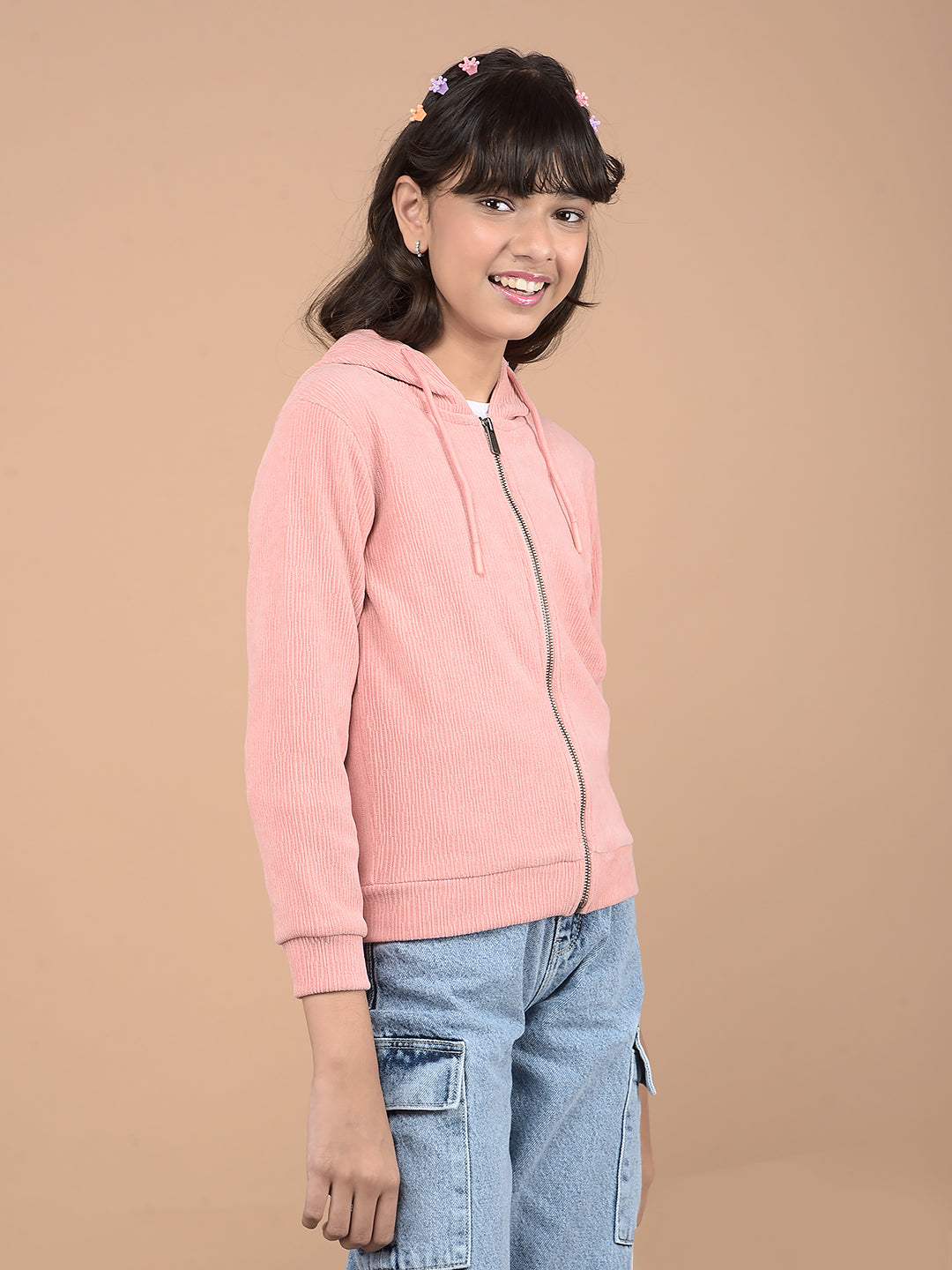 Peach Jacquard Hooded Neck Sweatshirt