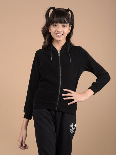 Black Jacquard Hooded Neck Sweatshirt-Girls Sweatshirts-Crimsoune Club