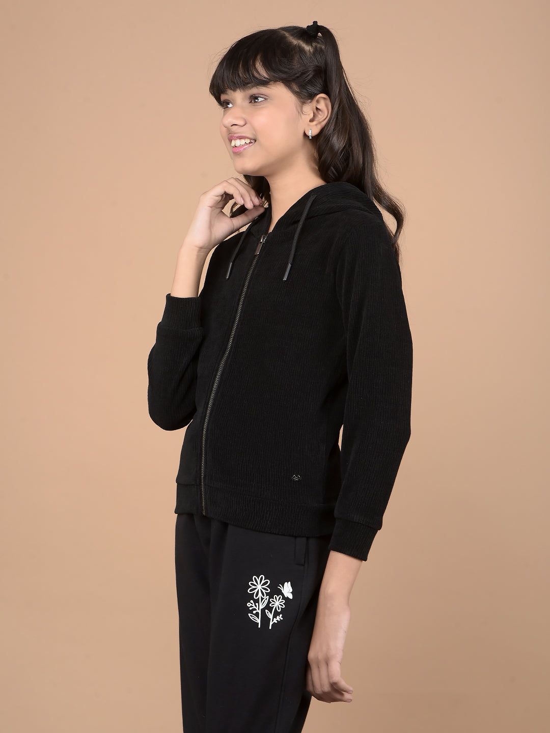 Black Jacquard Hooded Neck Sweatshirt