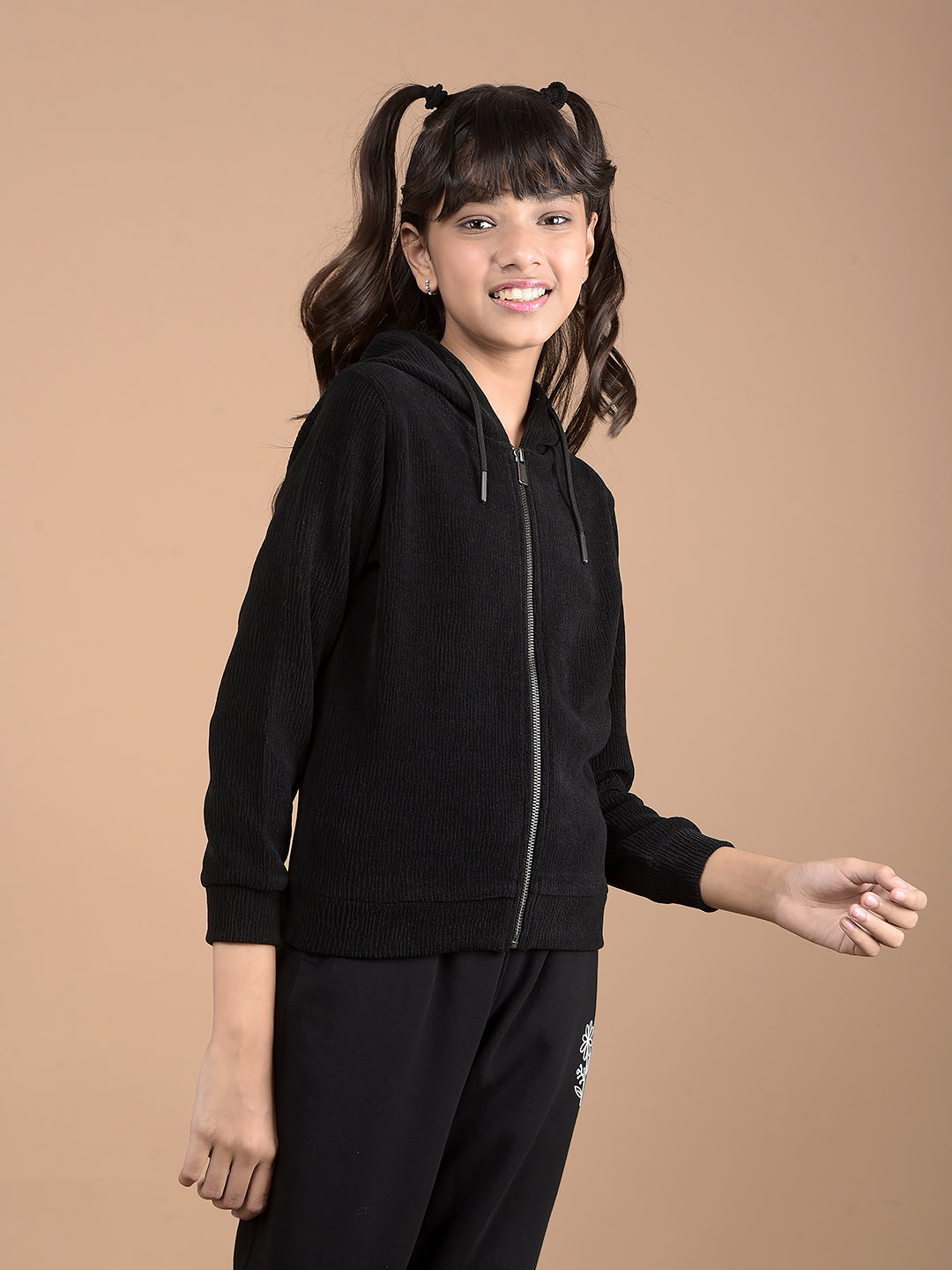 Black Jacquard Hooded Neck Sweatshirt-Girls Sweatshirts-Crimsoune Club