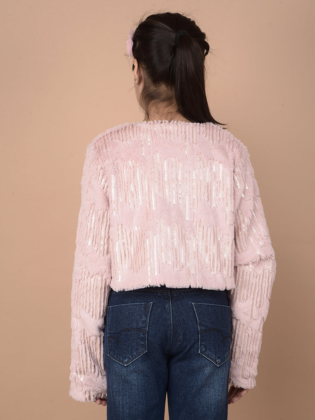 Pink Embellished Crop Length Fur Cardigan