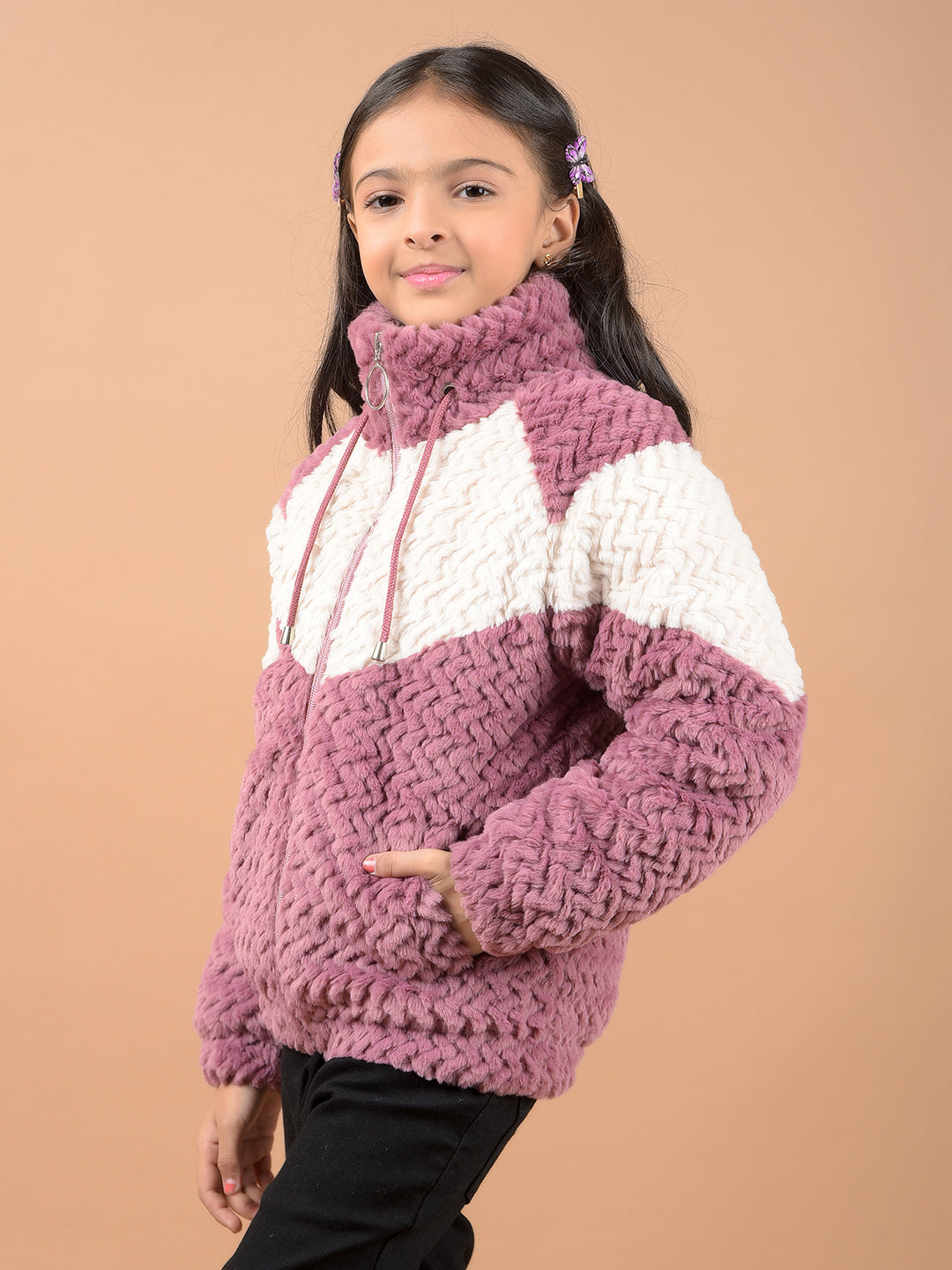 Pink Color-Block High Neck Fur Jacket-Girls Jackets-Crimsoune Club