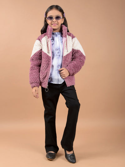 Pink Color-Block High Neck Fur Jacket-Girls Jackets-Crimsoune Club