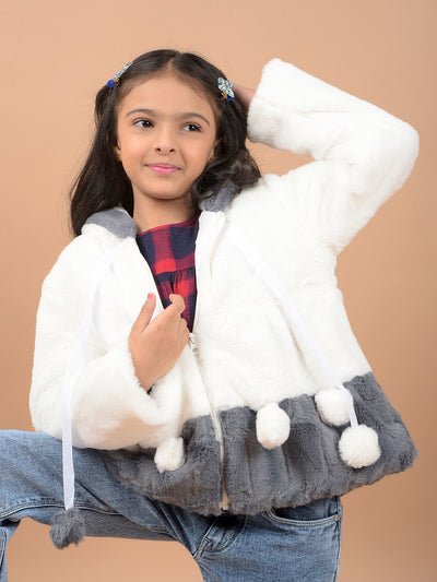 White Hooded Neck Fur Jacket-Girls Jackets-Crimsoune Club