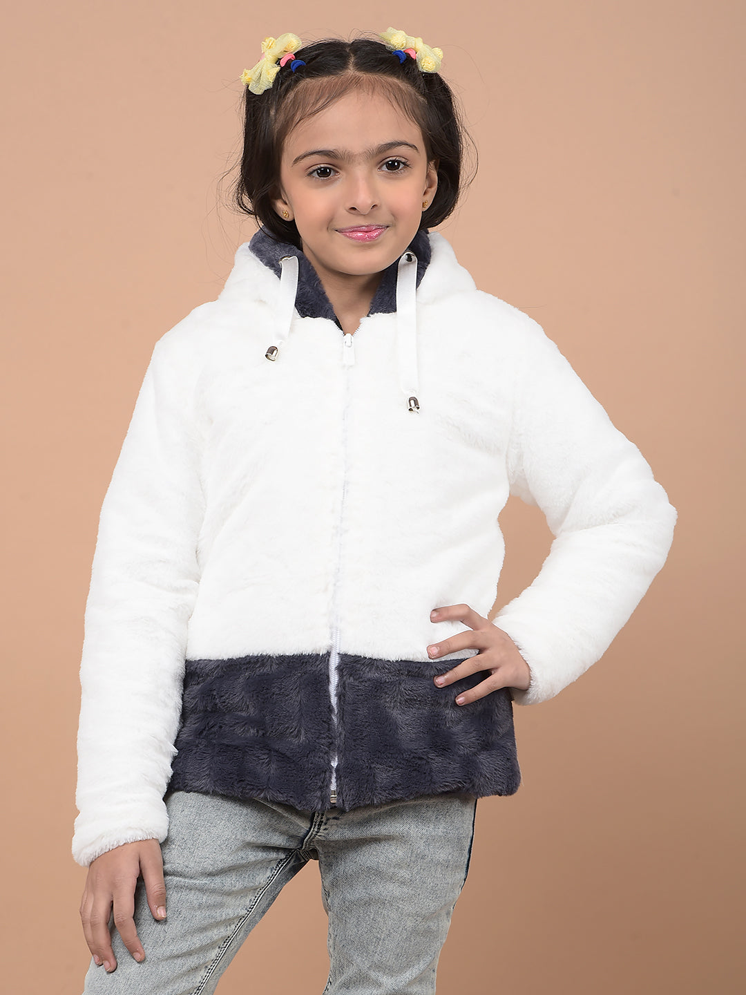 White Hooded Neck Fur Jacket-Girls Jackets-Crimsoune Club