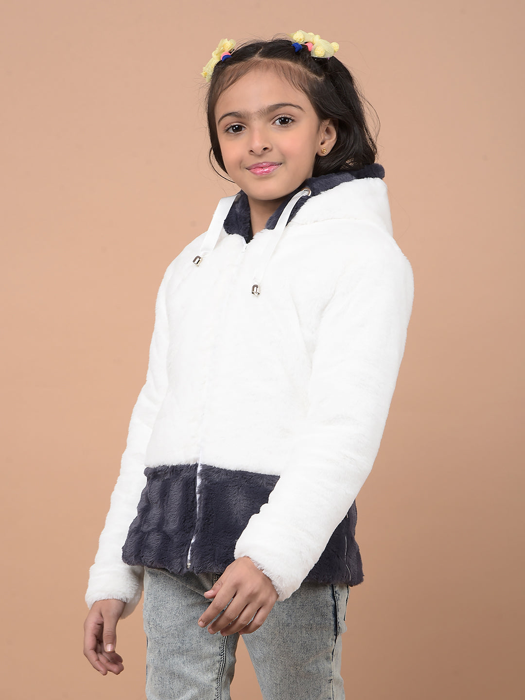 White Hooded Neck Fur Jacket-Girls Jackets-Crimsoune Club