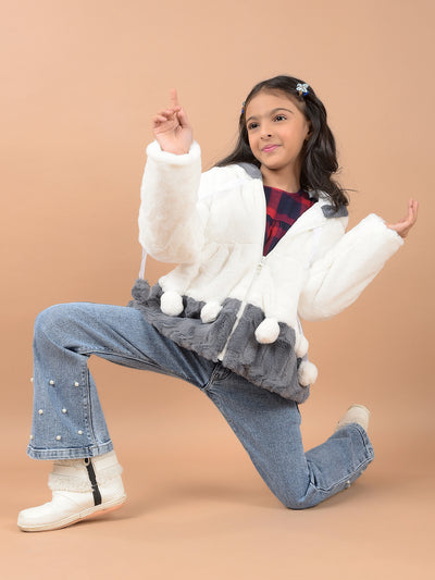 White Hooded Neck Fur Jacket-Girls Jackets-Crimsoune Club