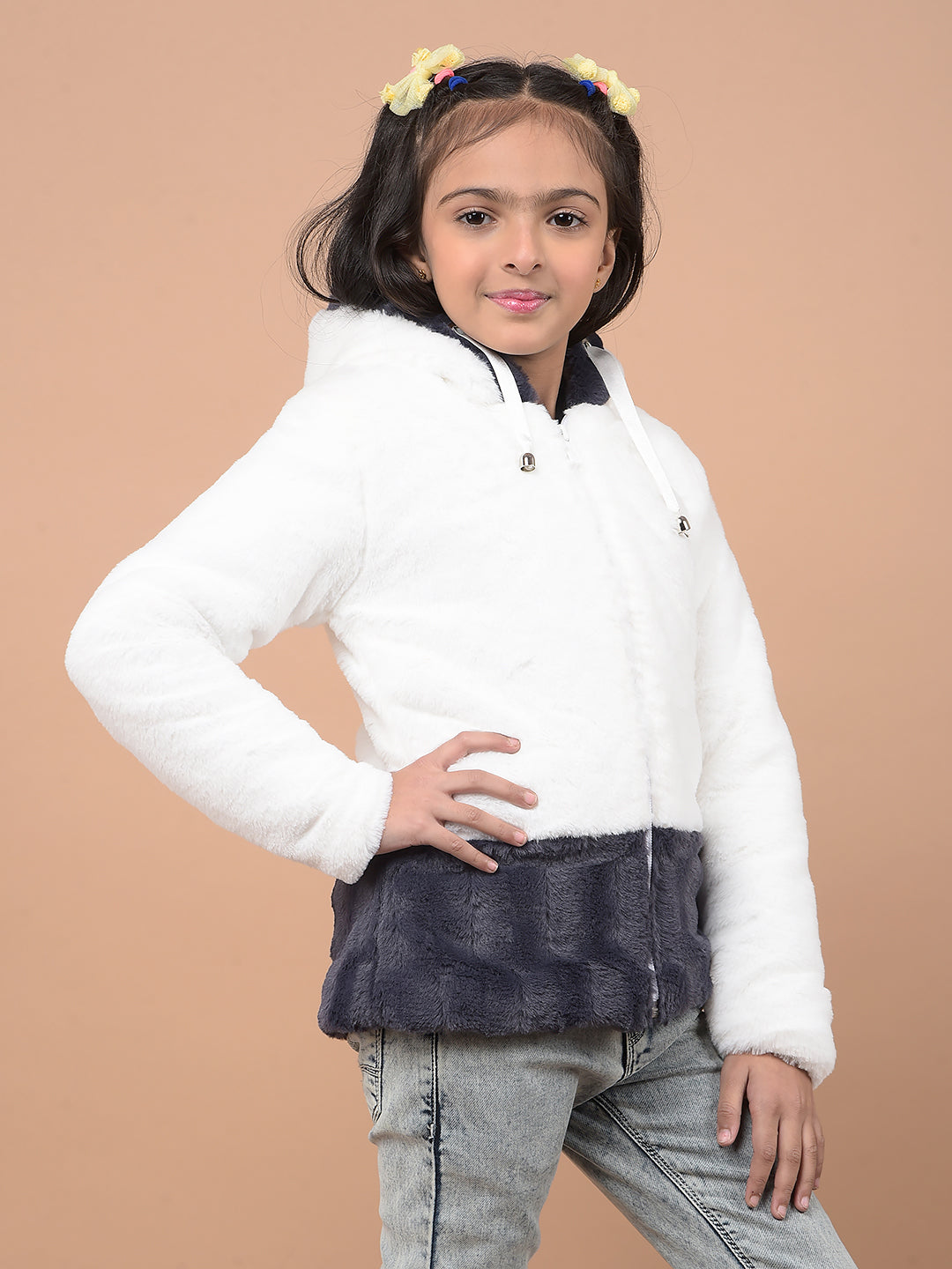 White Hooded Neck Fur Jacket-Girls Jackets-Crimsoune Club