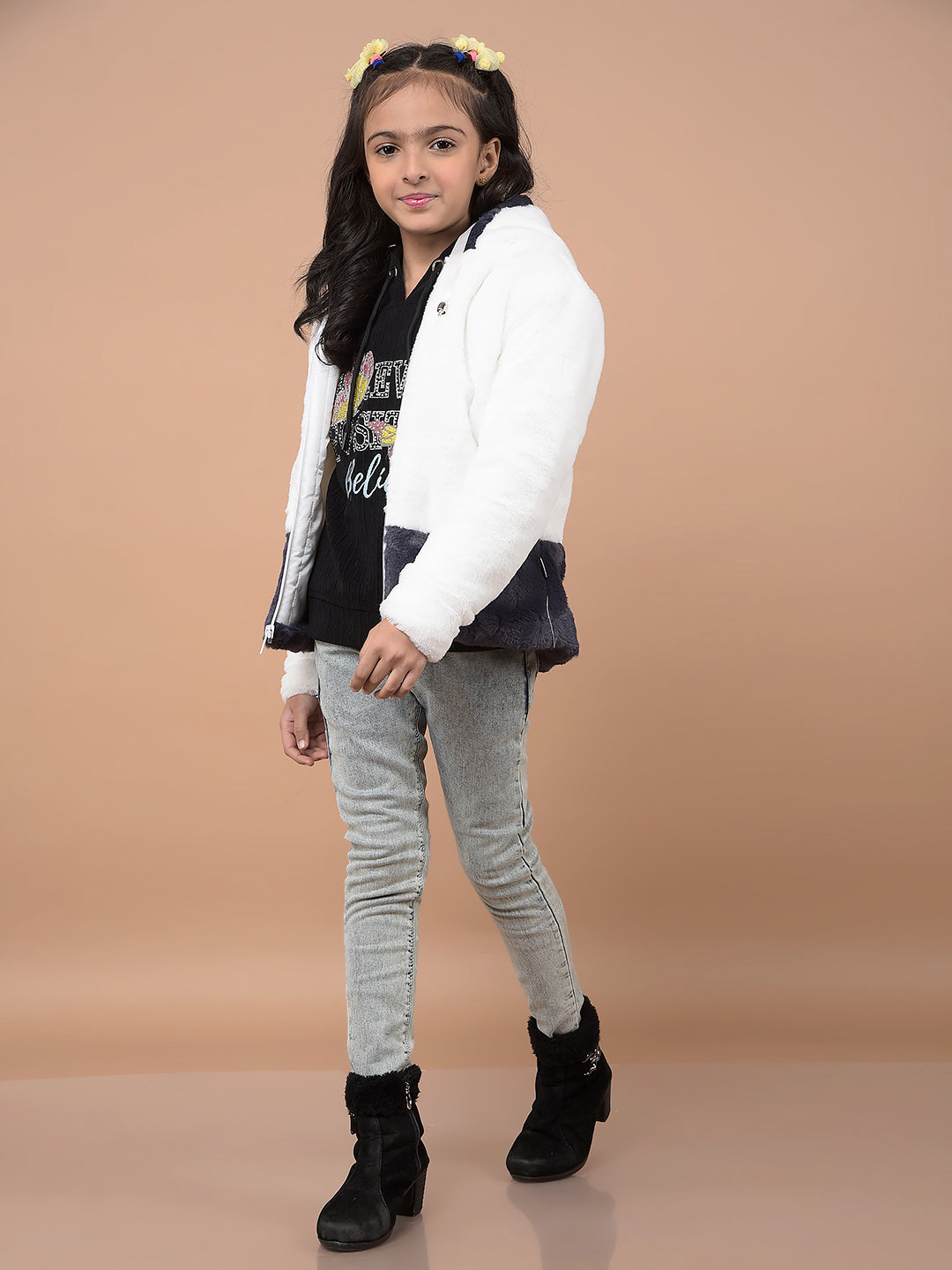 White Hooded Neck Fur Jacket-Girls Jackets-Crimsoune Club