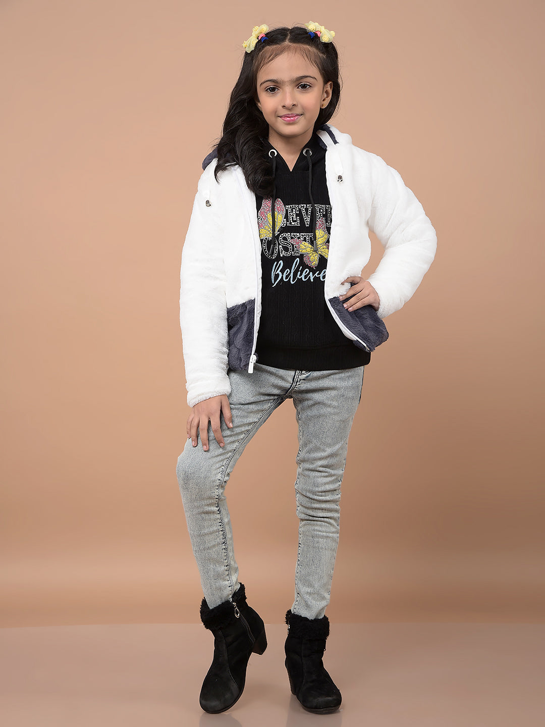 White Hooded Neck Fur Jacket-Girls Jackets-Crimsoune Club