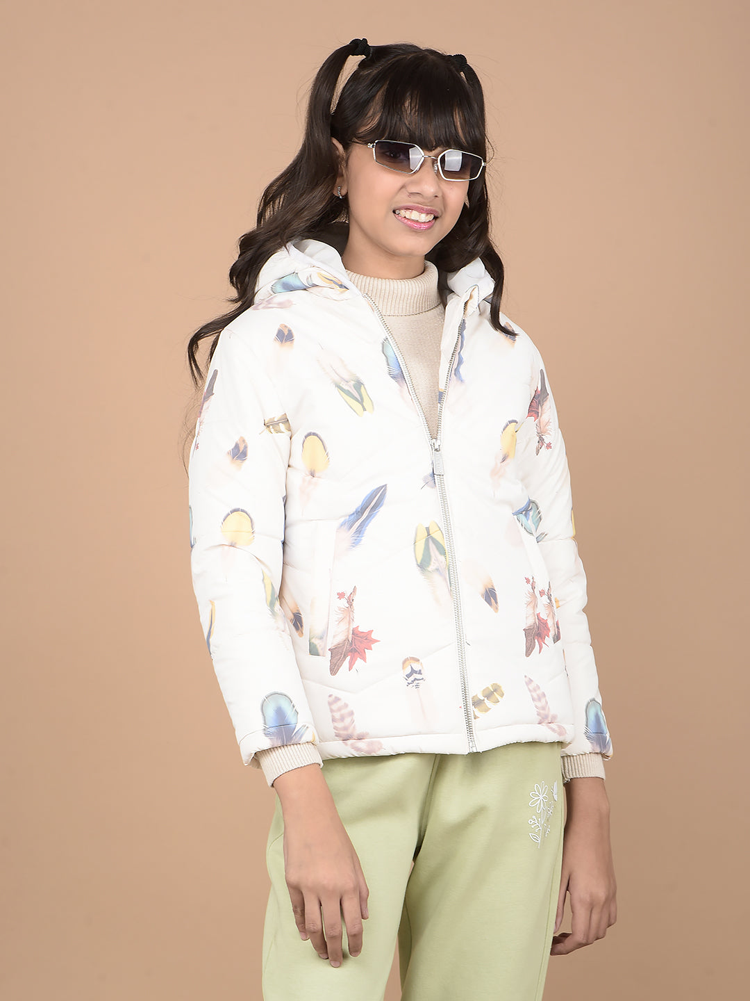 White Printed Hooded Neck Bomber Jacket