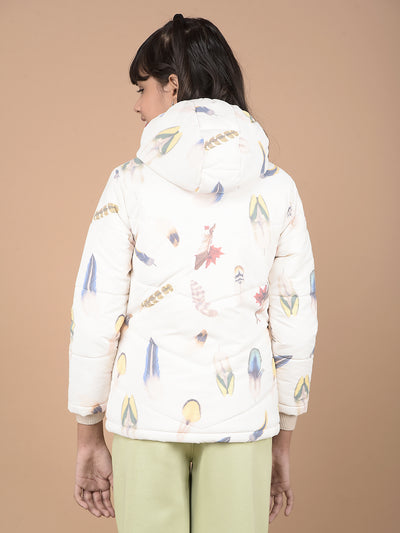 White Printed Hooded Neck Bomber Jacket