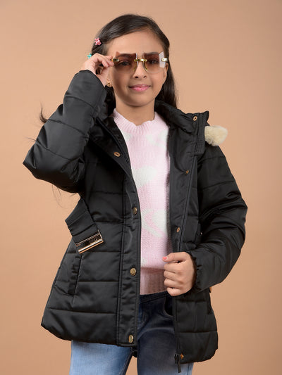 Black Hooded Neck Padded Jacket-Girls Jackets-Crimsoune Club