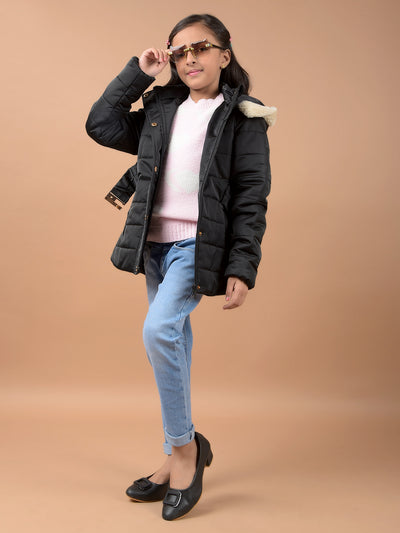 Black Hooded Neck Padded Jacket-Girls Jackets-Crimsoune Club