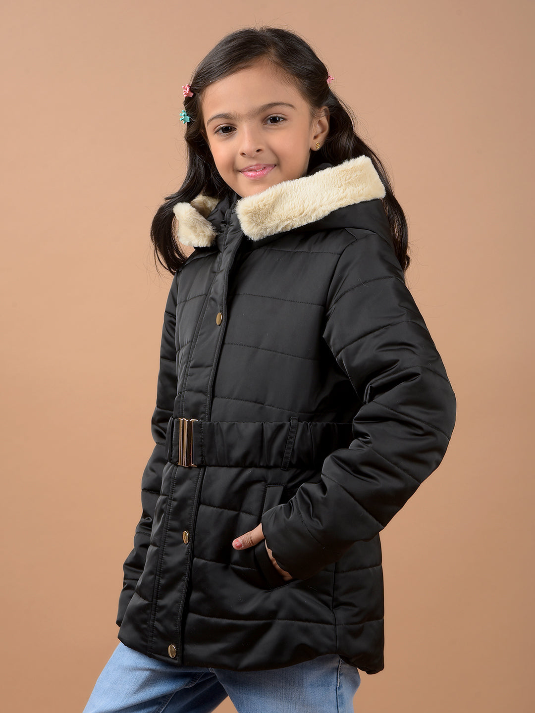 Black Hooded Neck Padded Jacket-Girls Jackets-Crimsoune Club