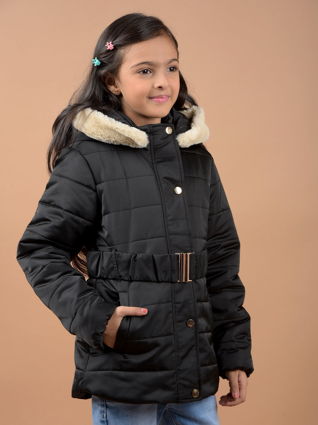 Black Hooded Neck Padded Jacket-Girls Jackets-Crimsoune Club