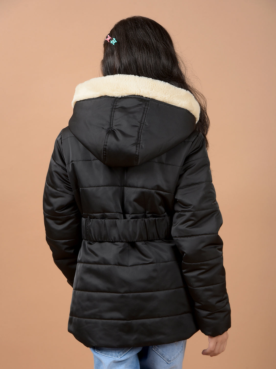 Black Hooded Neck Padded Jacket-Girls Jackets-Crimsoune Club