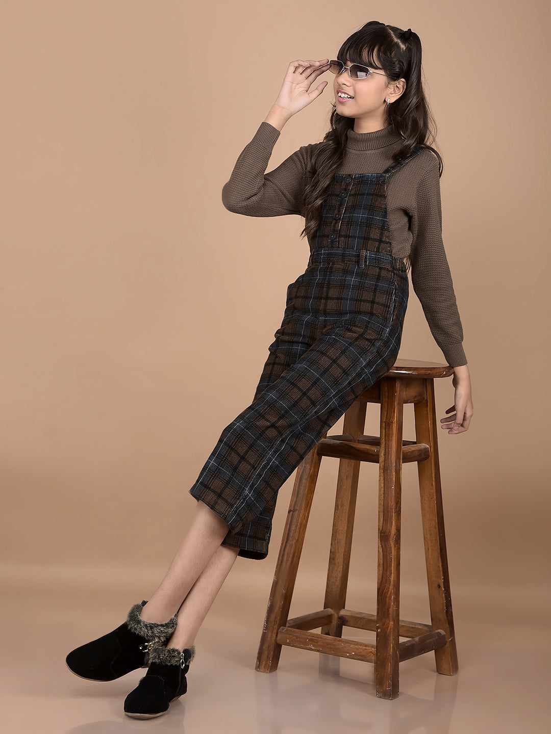 Brown Checked Crop Length 100% Cotton Dungarees