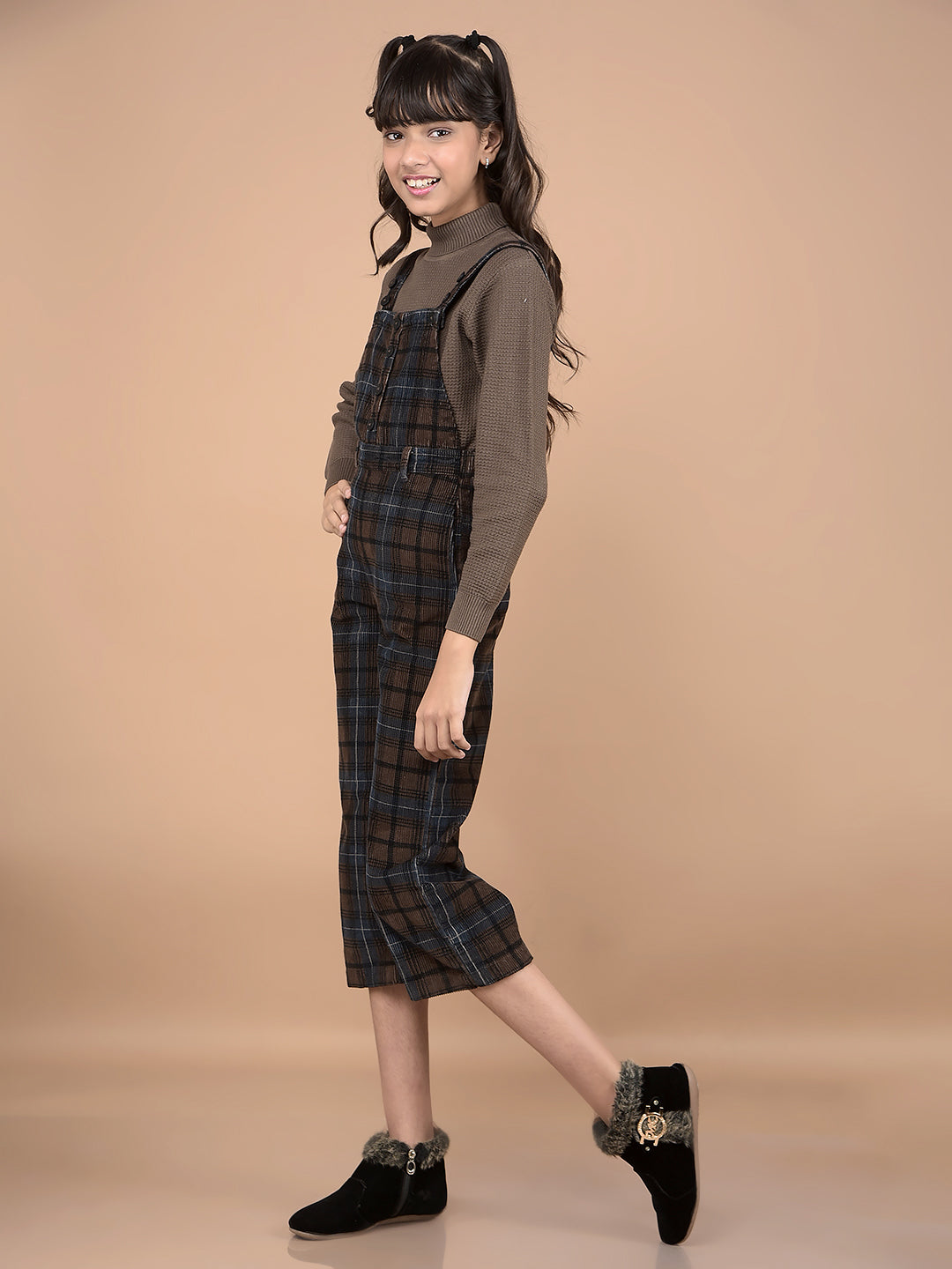 Brown Checked Crop Length 100% Cotton Dungarees