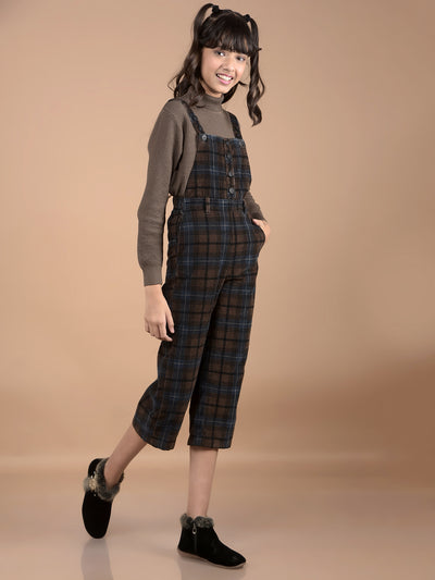 Brown Checked Crop Length 100% Cotton Dungarees