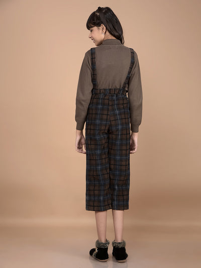 Brown Checked Crop Length 100% Cotton Dungarees