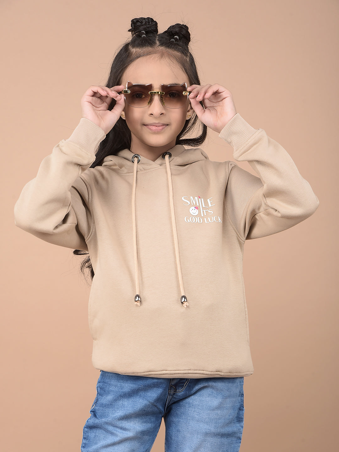 Beige Typographic Print Hooded Neck Sweatshirt