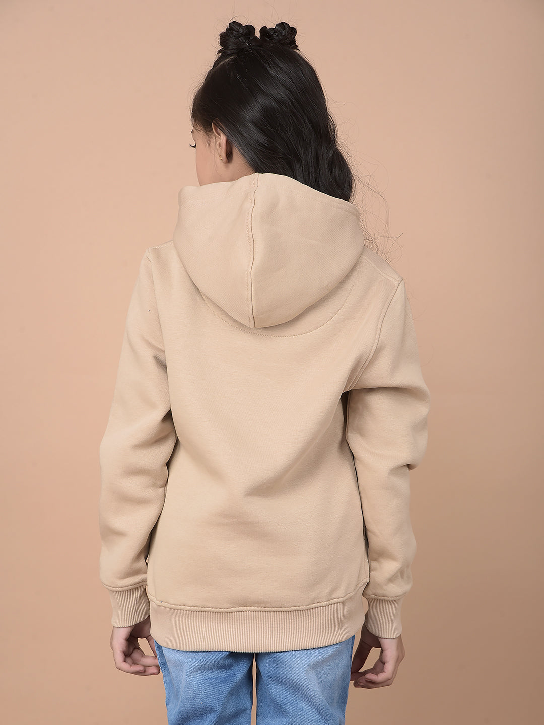 Beige Typographic Print Hooded Neck Sweatshirt