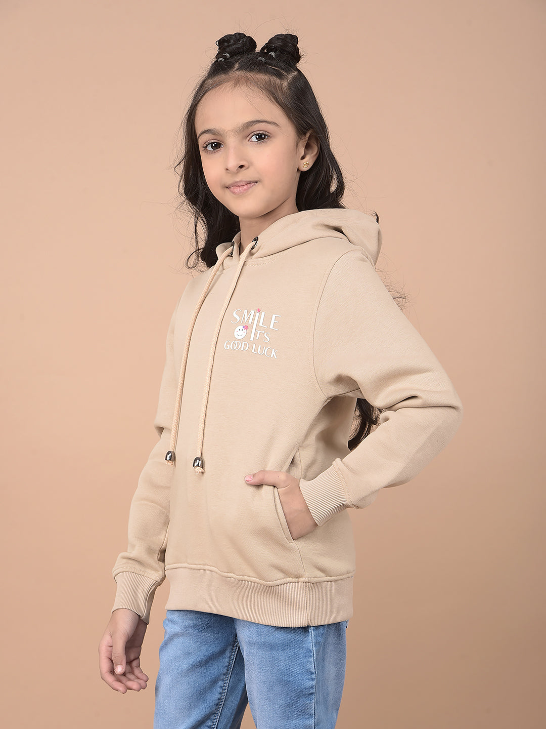 Beige Typographic Print Hooded Neck Sweatshirt-Girls Sweatshirts-Crimsoune Club