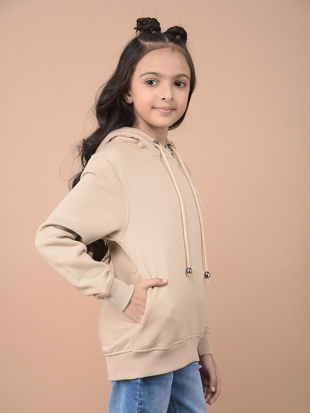 Beige Typographic Print Hooded Neck Sweatshirt-Girls Sweatshirts-Crimsoune Club