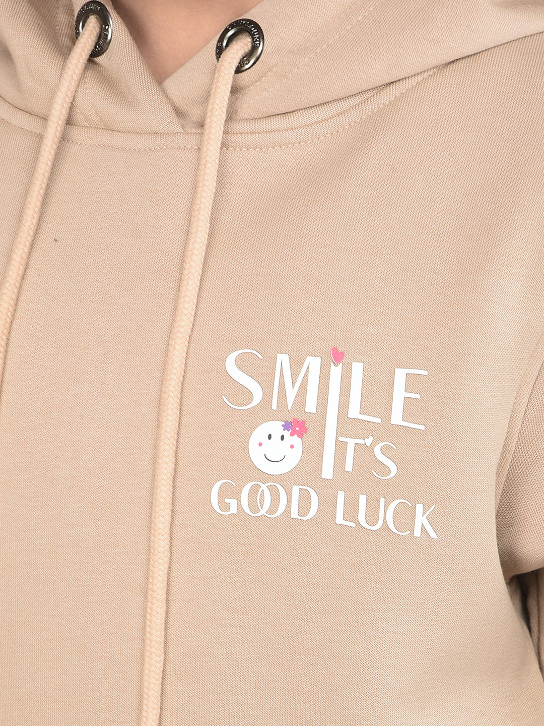 Beige Typographic Print Hooded Neck Sweatshirt-Girls Sweatshirts-Crimsoune Club