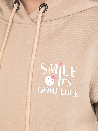 Beige Typographic Print Hooded Neck Sweatshirt