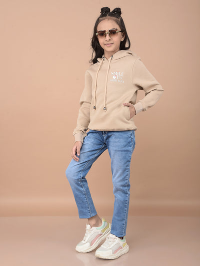 Beige Typographic Print Hooded Neck Sweatshirt-Girls Sweatshirts-Crimsoune Club