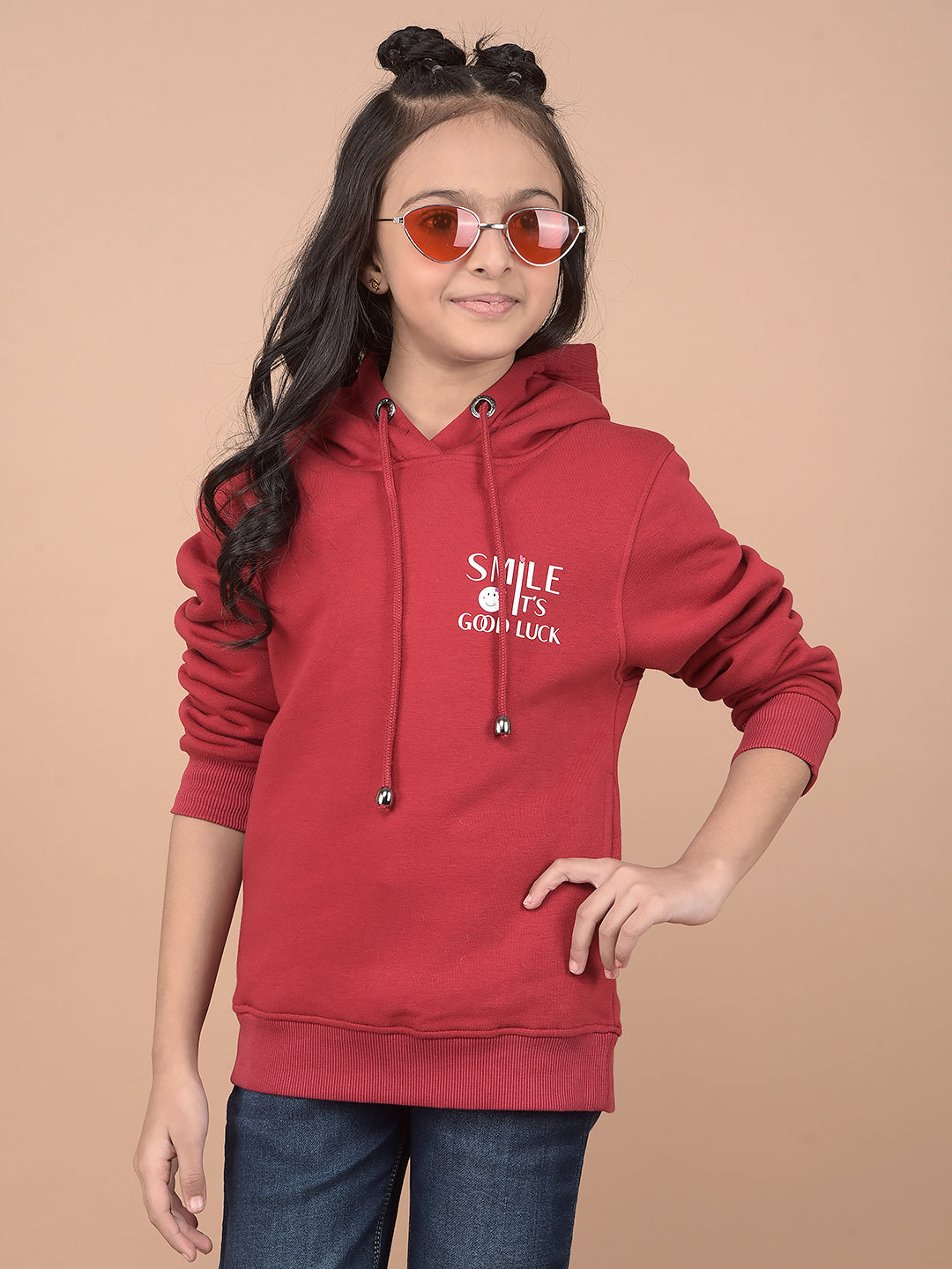 Red Typographic Print Hooded Neck Sweatshirt-Girls Sweatshirts-Crimsoune Club