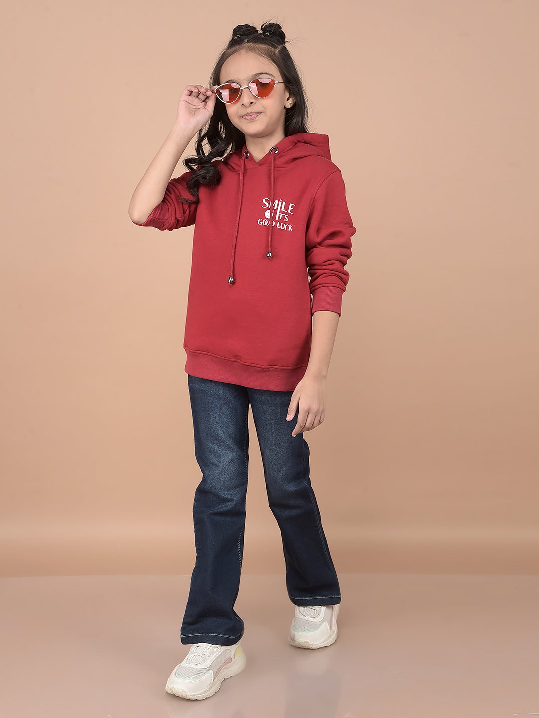 Red Typographic Print Hooded Neck Sweatshirt-Girls Sweatshirts-Crimsoune Club