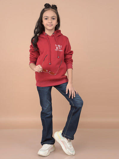 Red Typographic Print Hooded Neck Sweatshirt-Girls Sweatshirts-Crimsoune Club