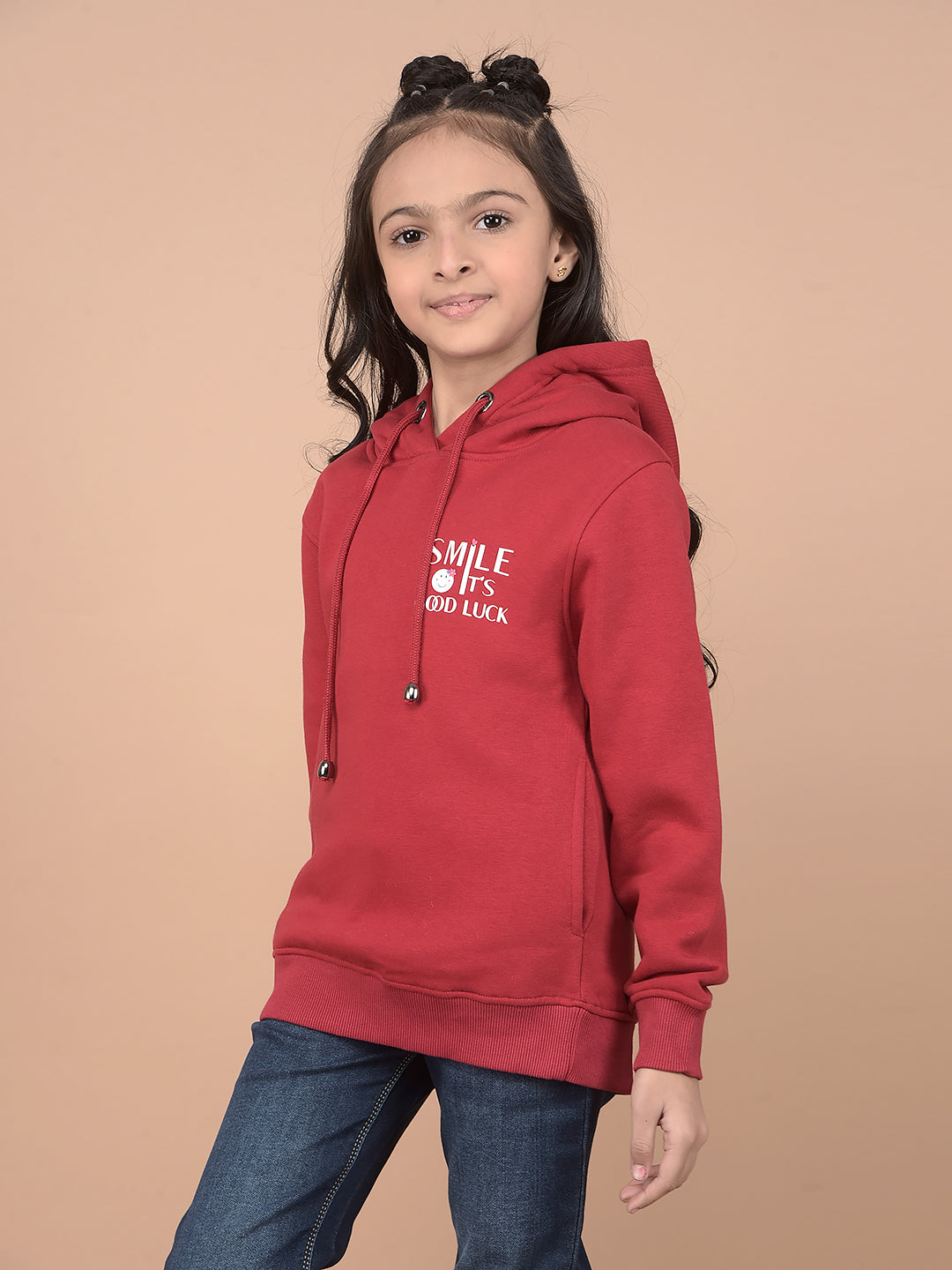 Red Typographic Print Hooded Neck Sweatshirt