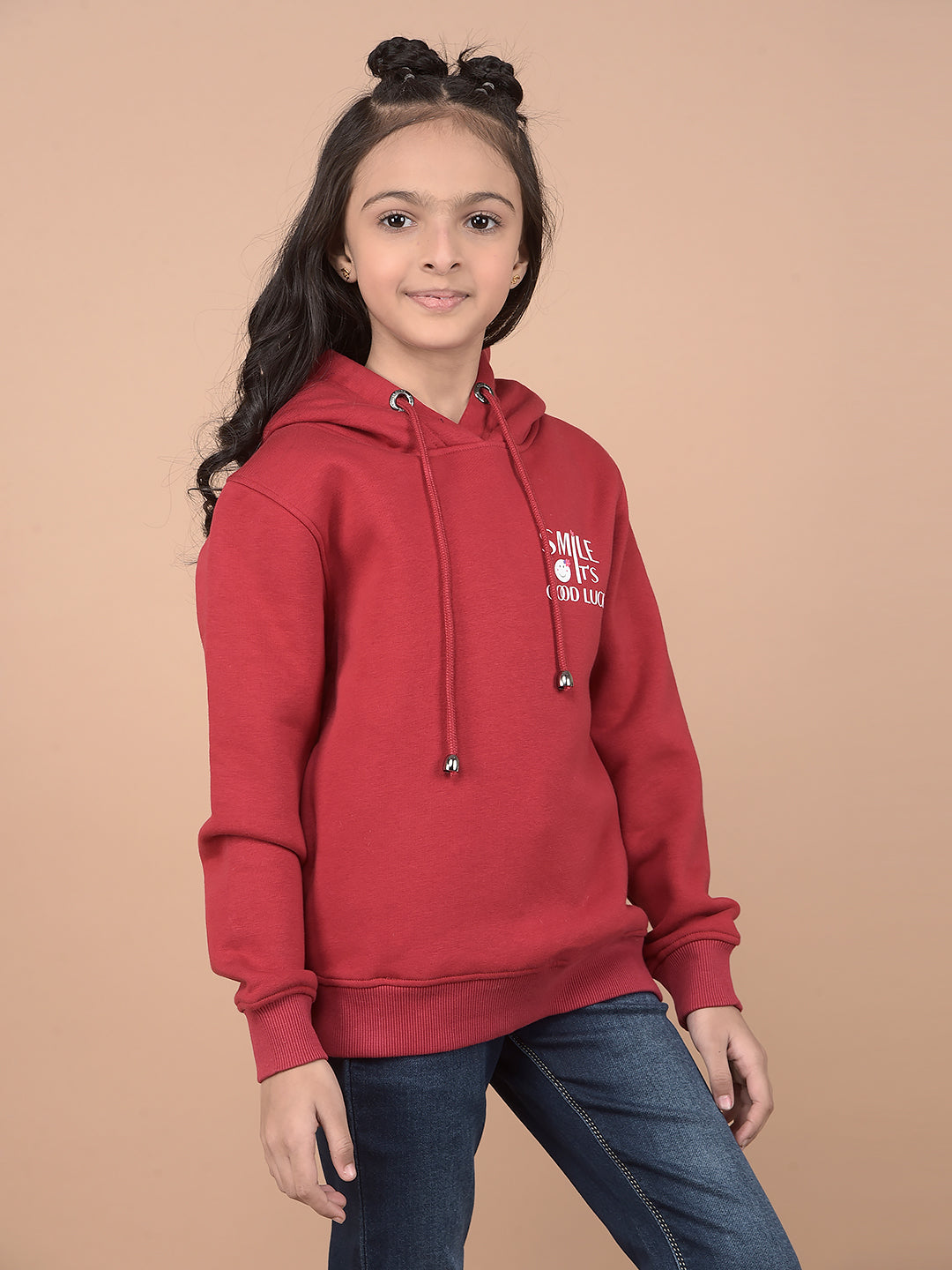 Red Typographic Print Hooded Neck Sweatshirt-Girls Sweatshirts-Crimsoune Club