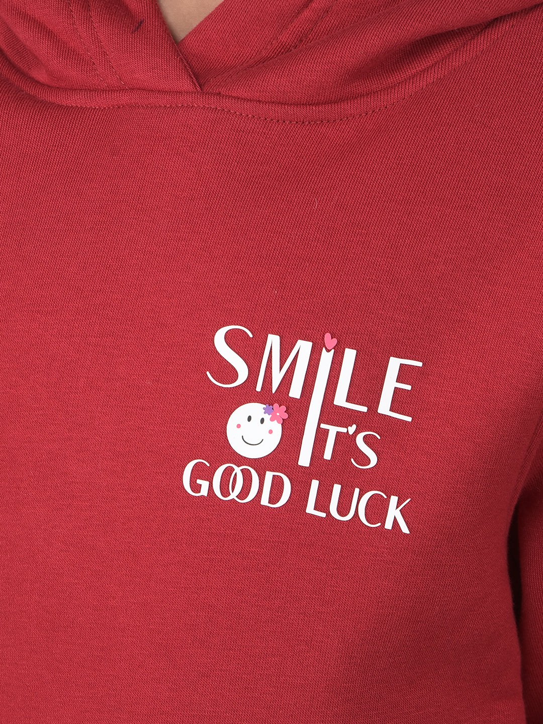 Red Typographic Print Hooded Neck Sweatshirt-Girls Sweatshirts-Crimsoune Club