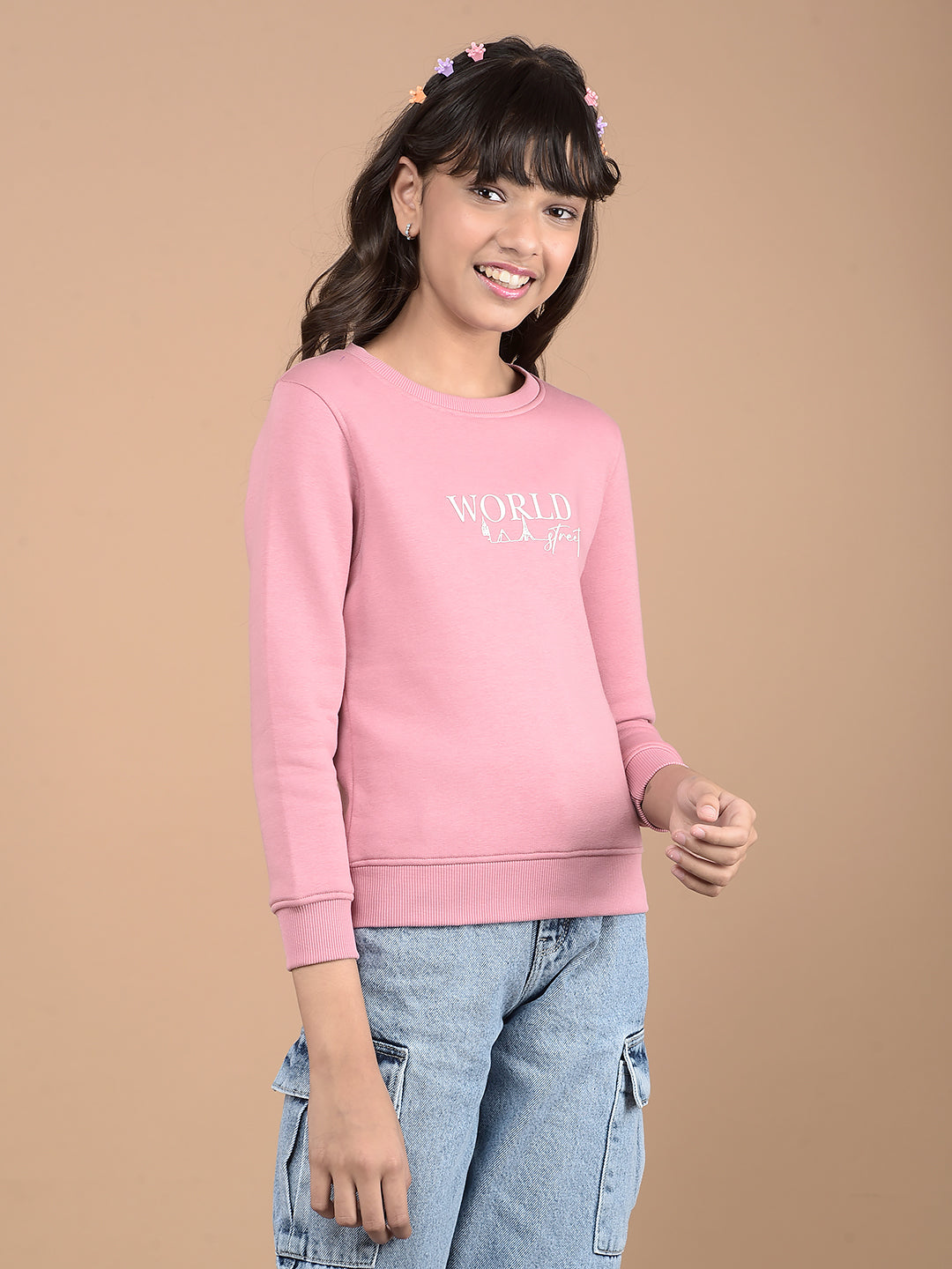 Pink Typographic Print Sweatshirt-Girls Sweatshirts-Crimsoune Club