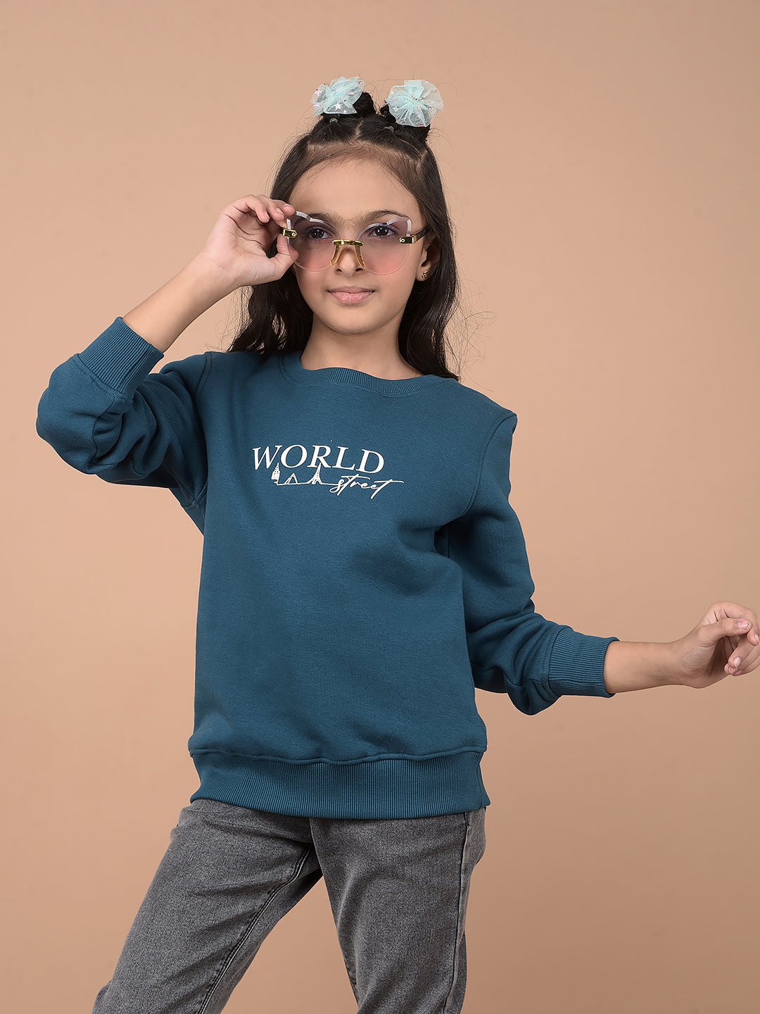 Navy Blue Typographic Print Sweatshirt-Girls Sweatshirts-Crimsoune Club