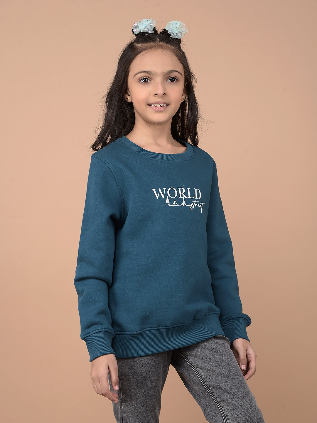 Navy Blue Typographic Print Sweatshirt-Girls Sweatshirts-Crimsoune Club