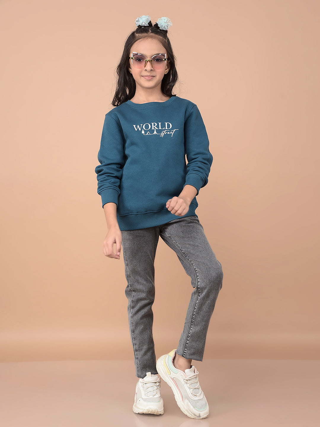 Navy Blue Typographic Print Sweatshirt-Girls Sweatshirts-Crimsoune Club