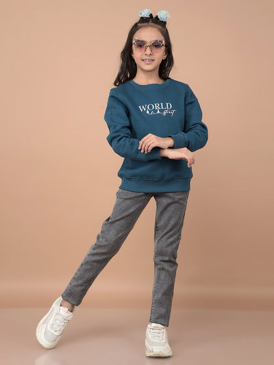 Navy Blue Typographic Print Sweatshirt-Girls Sweatshirts-Crimsoune Club