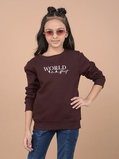 Brown Typographic Print Sweatshirt-Girls Sweatshirts-Crimsoune Club