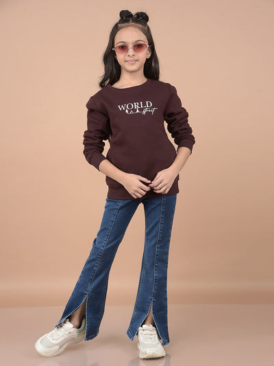 Brown Typographic Print Sweatshirt-Girls Sweatshirts-Crimsoune Club